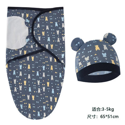 Newborn Cotton Baby Swaddle Wrap Adjustable Sleepsack Hat Set