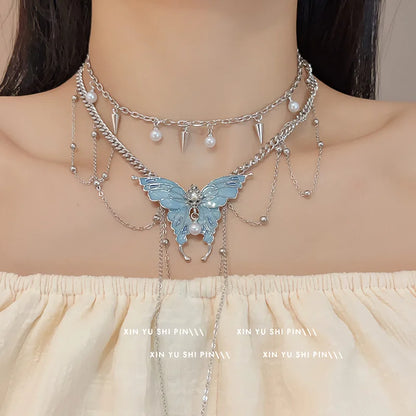 Silver-Tone Blue Gem Waterfall Necklace and Earrings Set