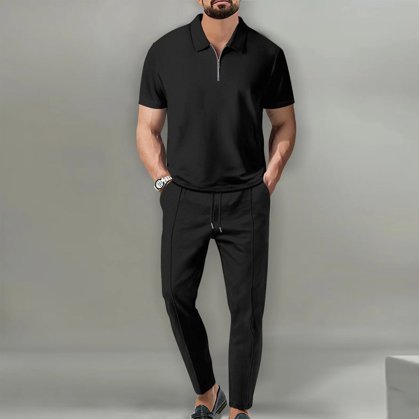 Men's Casual POLO Shirt 2 Set Breathable Pant pull rope Fashion Dress