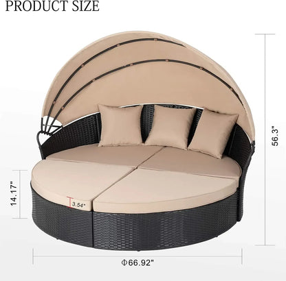 Patio Furniture Outdoor Garden Round Daybed with Retractable Canopy Wicker Rattan, Seating Separates Cushioned Seats