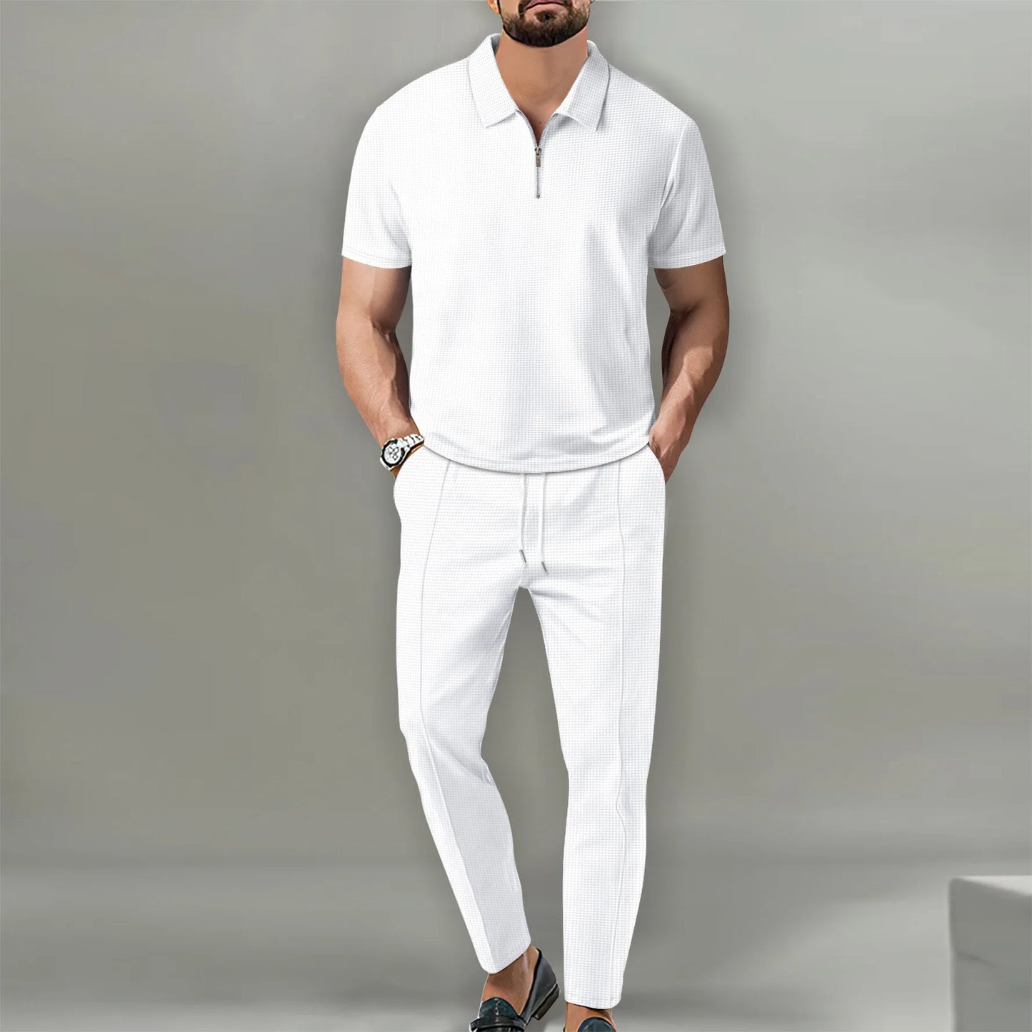 Men's Casual POLO Shirt 2 Set Breathable Pant pull rope Fashion Dress