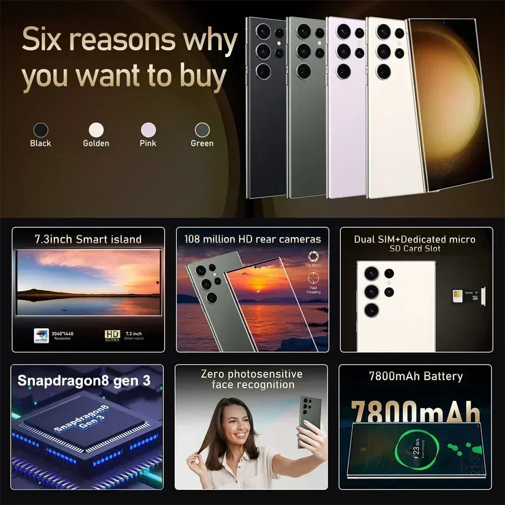 S24 Ultra Smart Mobile Phones Smartphone 5G Dual SIM Snapdragon 8 gen 3 Cell Phone 16G 1TB Android Global Version Cellphones