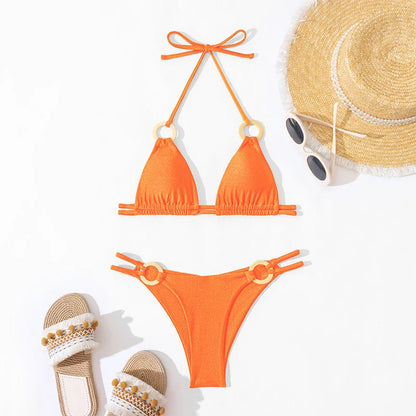 Solid O Ring Swimsuit For Women Tie Side Shiny Metal Hardware Ring Bandeau Bikini