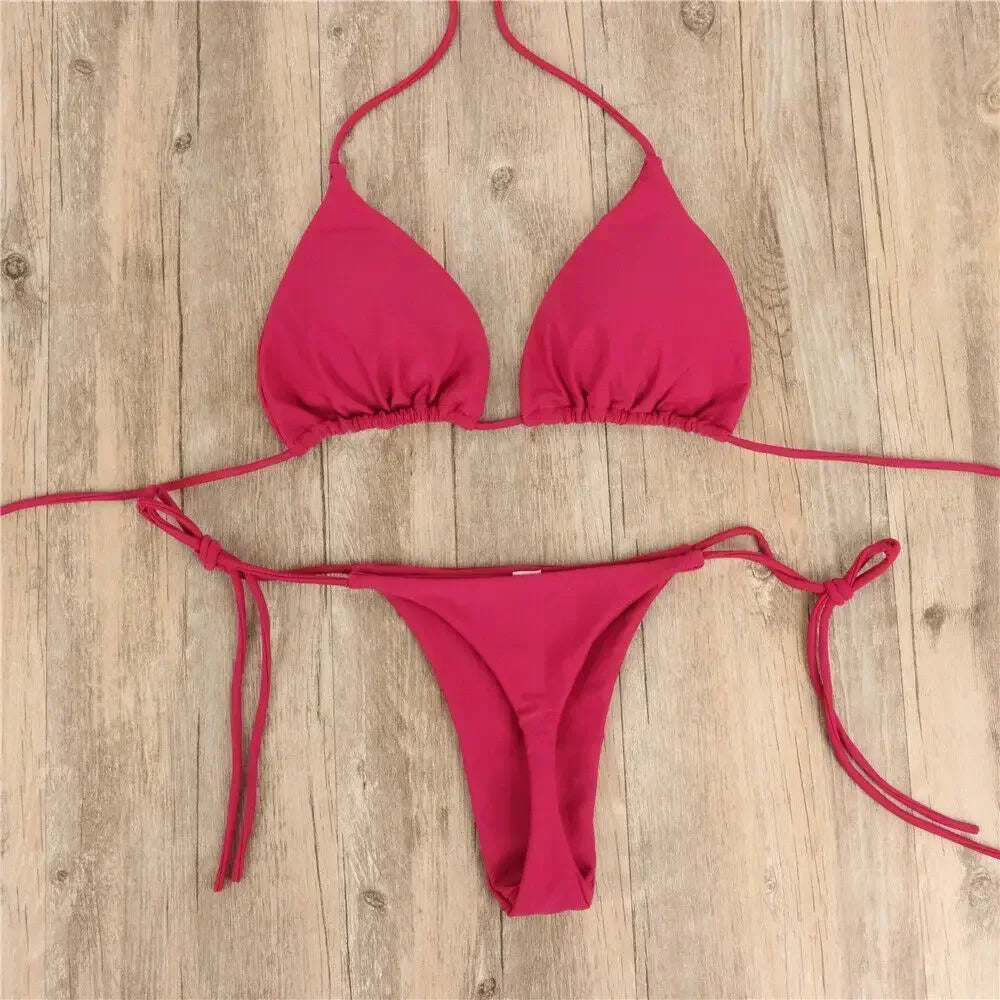 Women Thong Bikini Set Side Tie Sexy Swimsuit Bandage Style Brazilian Swimwear Neck Hanging Solid Color Adjustable Swimsuit Set
