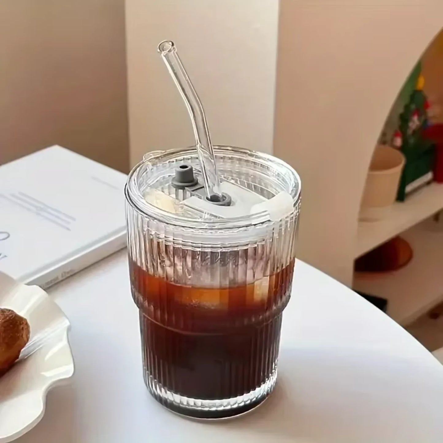 450ml Stripe Glass Cup with Lid & Straw - Iced Coffee & Tea Mug