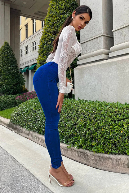 Stretch Denim Women's Mid-Waist Skinny Jeans – Retro Washed, Casual & Chic Pencil Pants