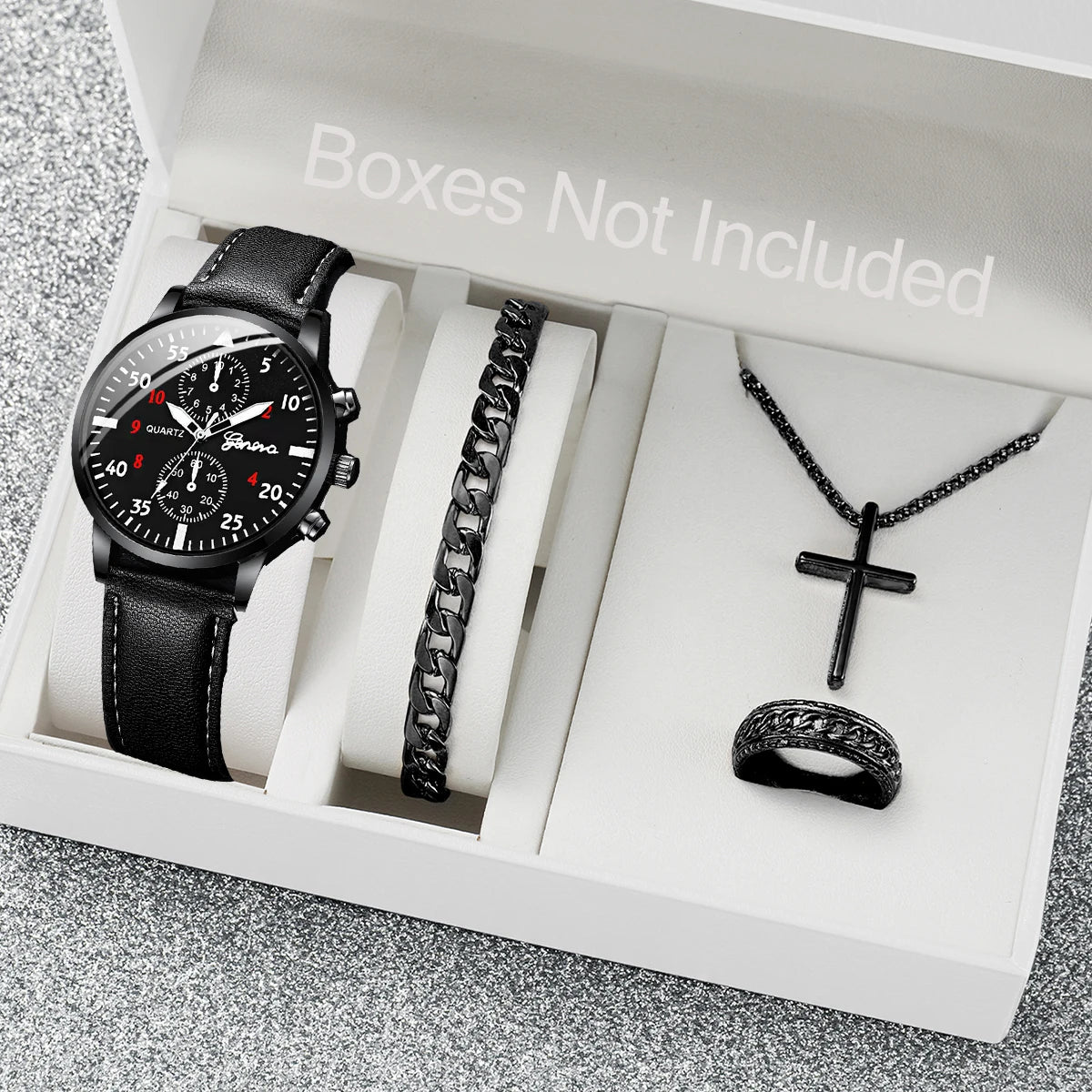 4pcs Men's Black Steel Watch & Jewellery Set