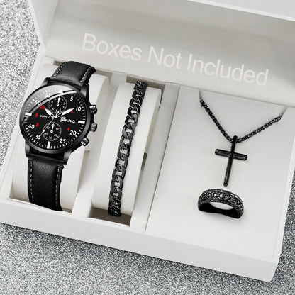 4pcs Men's Black Steel Watch & Jewellery Set