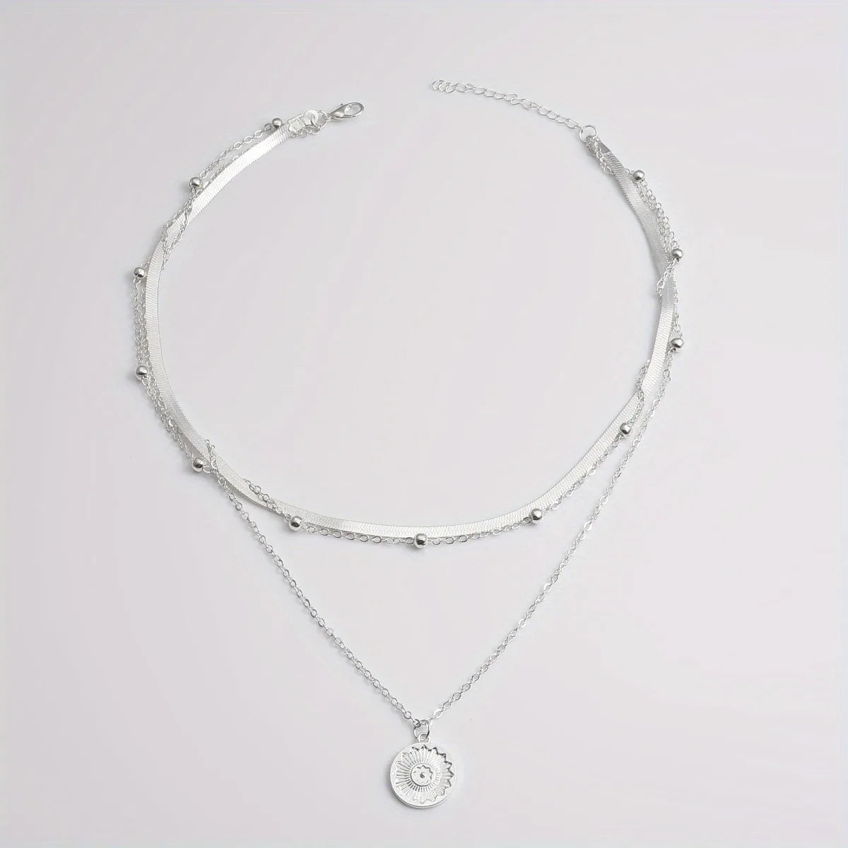 925 Sterling Silver Round Charm Three Layer Necklace
