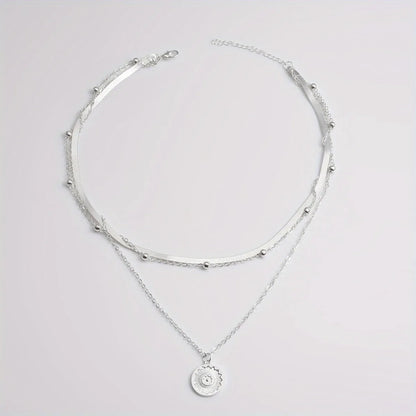 925 Sterling Silver Round Charm Three Layer Necklace