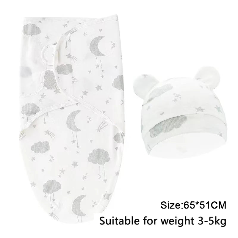Newborn Cotton Baby Swaddle Wrap Adjustable Sleepsack Hat Set