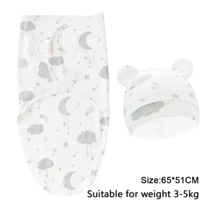 Newborn Cotton Baby Swaddle Wrap Adjustable Sleepsack Hat Set
