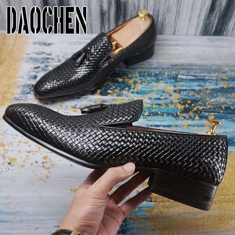 Elegant Men's Loafers Shoes Slip On Casual Dress Pointed Toe Shoes Black Office Business Wedding Real Leather For Shoes