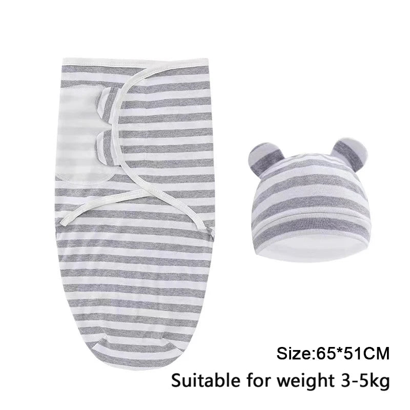Newborn Cotton Baby Swaddle Wrap Adjustable Sleepsack Hat Set