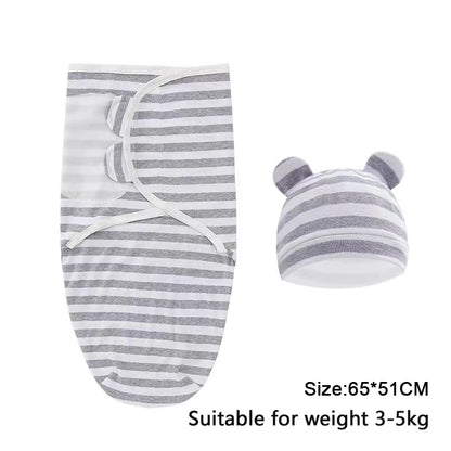 Newborn Cotton Baby Swaddle Wrap Adjustable Sleepsack Hat Set