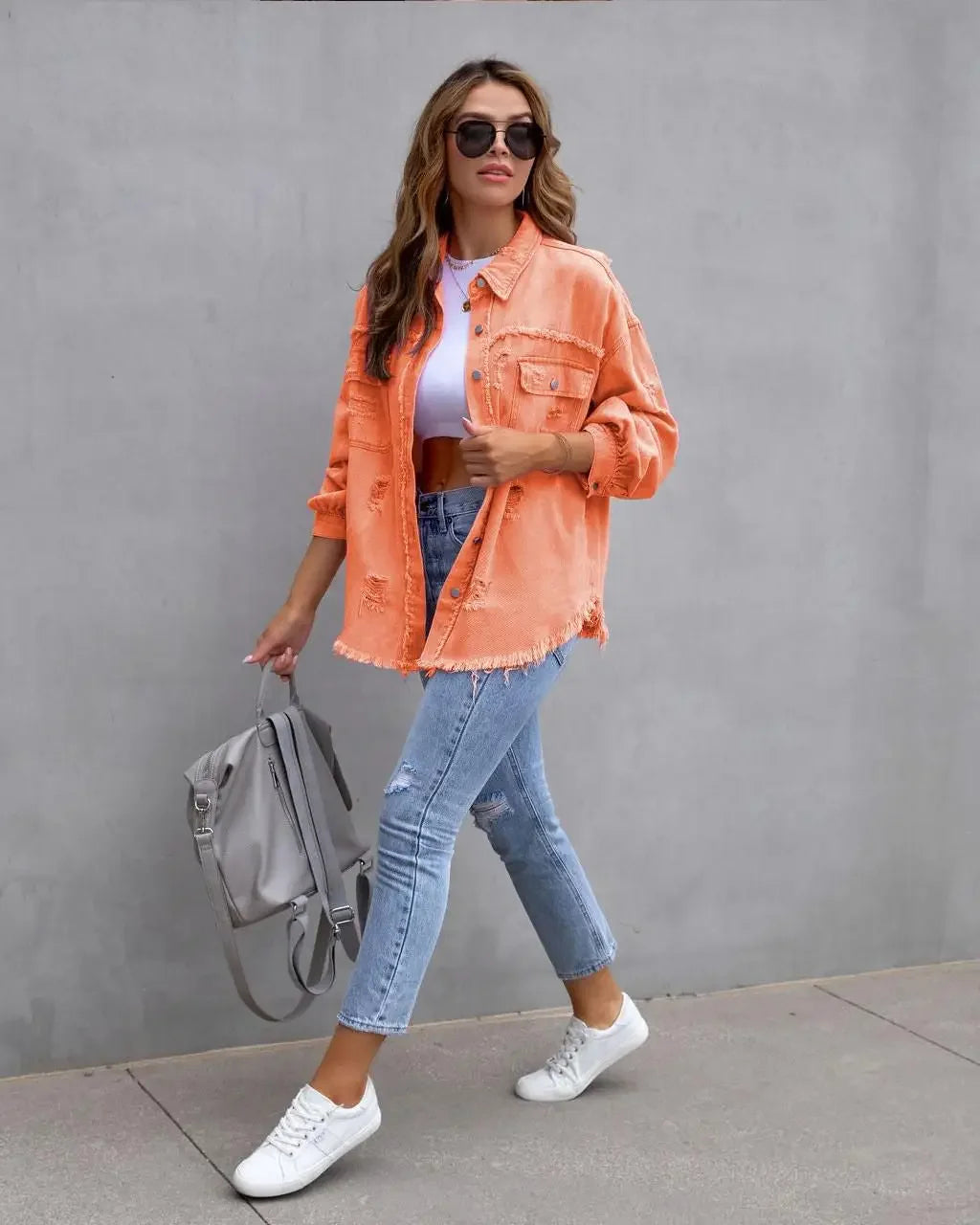 Women’s Fashion Ripped Shirt Jacket for Autumn and Spring Casual Tops