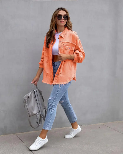 Women’s Fashion Ripped Shirt Jacket for Autumn and Spring Casual Tops