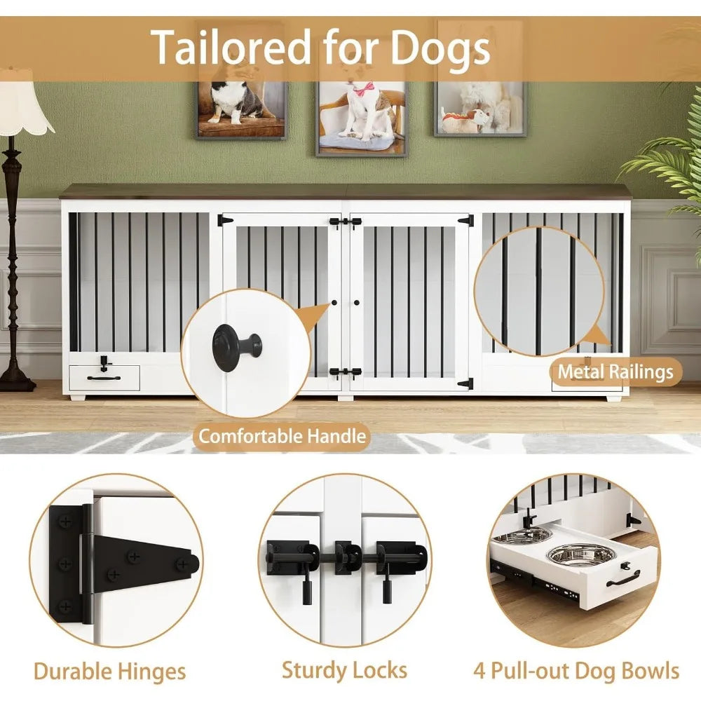 Dog Crate for 2 Dogs, 86.6" Heavy Duty Wooden Dogs Kennel with Bowl Drawers & Divider, Indoor Furniture Style Dog Kennel