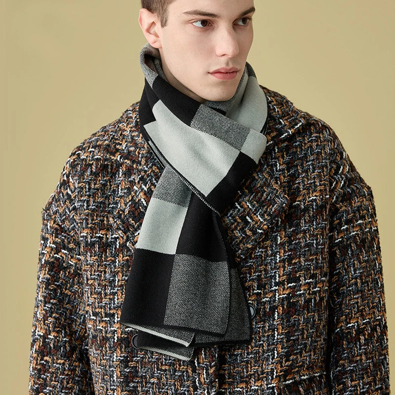 High Quality Wool Blend Scarf Men Thick Versatile Stripe Cashmere Muffler