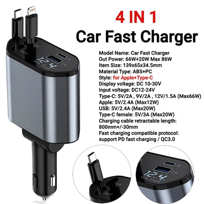 4 IN 1 120W Retractable Car Charger USB Type C Cable For IPhone Huawei Samsung Fast Charge Cord Cigarette Lighter Adapter