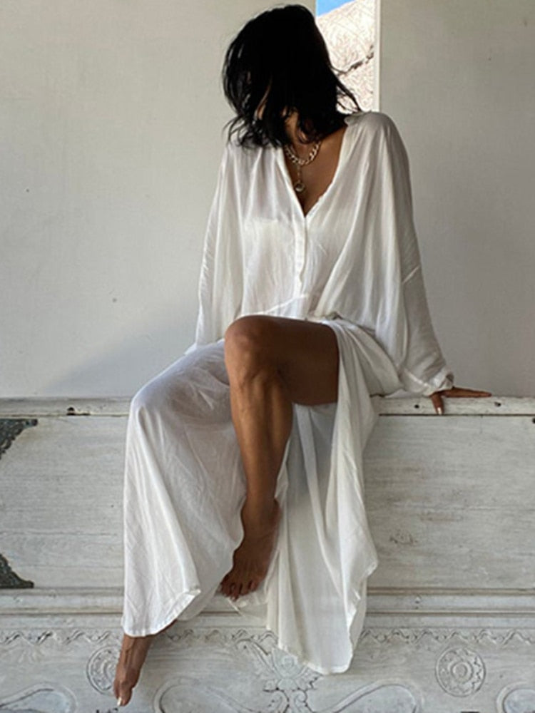 White Maxi Beach Dress Kaftan - Swimsuit Cover-Up Kimono Style