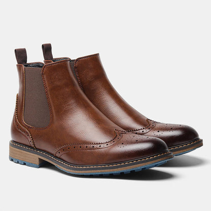 7CM / 2.76 Inches CMR CHAMARIPA Elegant Coffee Leather Brogue Chelsea Boots for Men