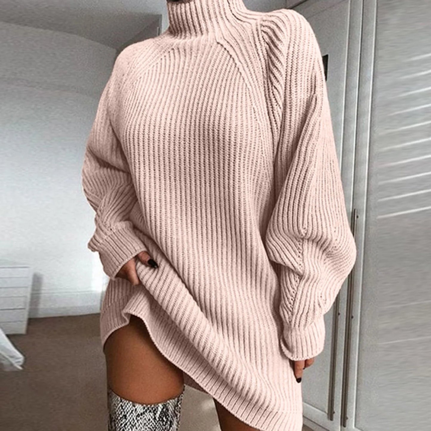 Solid Turtleneck Long Sweater Winter Warm Women Sweater Dress