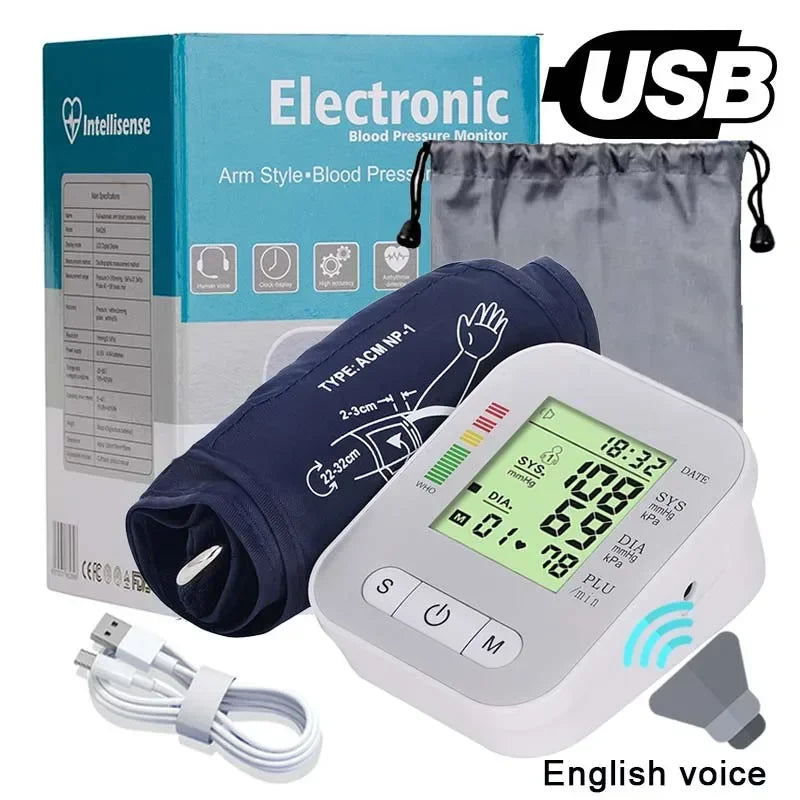 BP Sphygmomanometer English Voice Blood Pressure Monitor Upper Arm Automatic Tonometer Blood Pressure Meter LCD & Cuff Medical