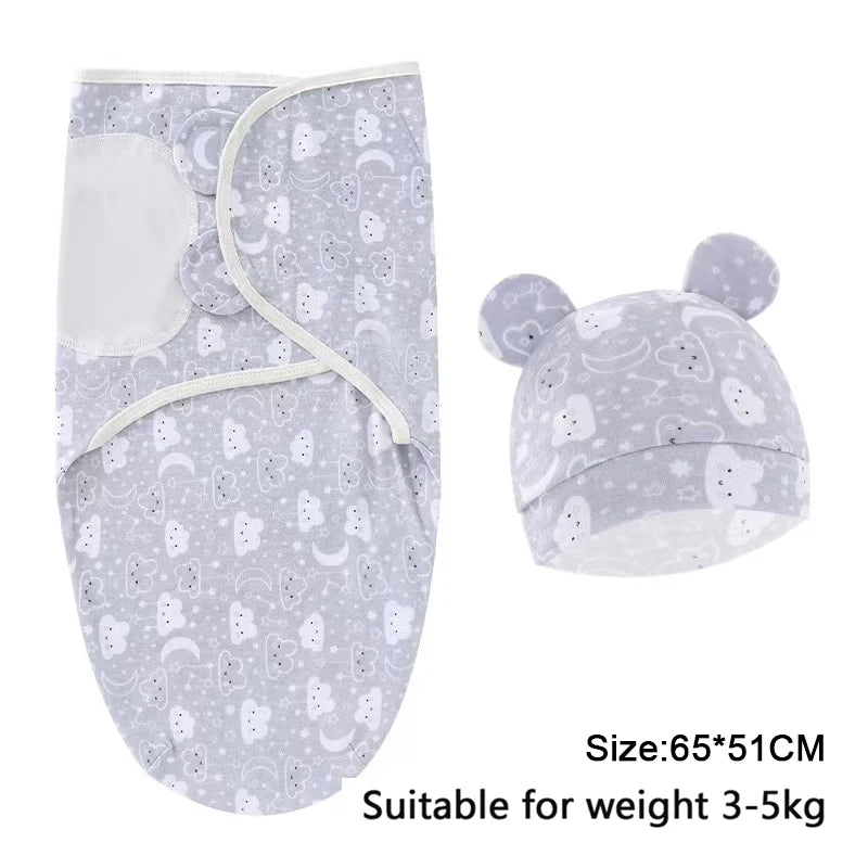 Newborn Cotton Baby Swaddle Wrap Adjustable Sleepsack Hat Set