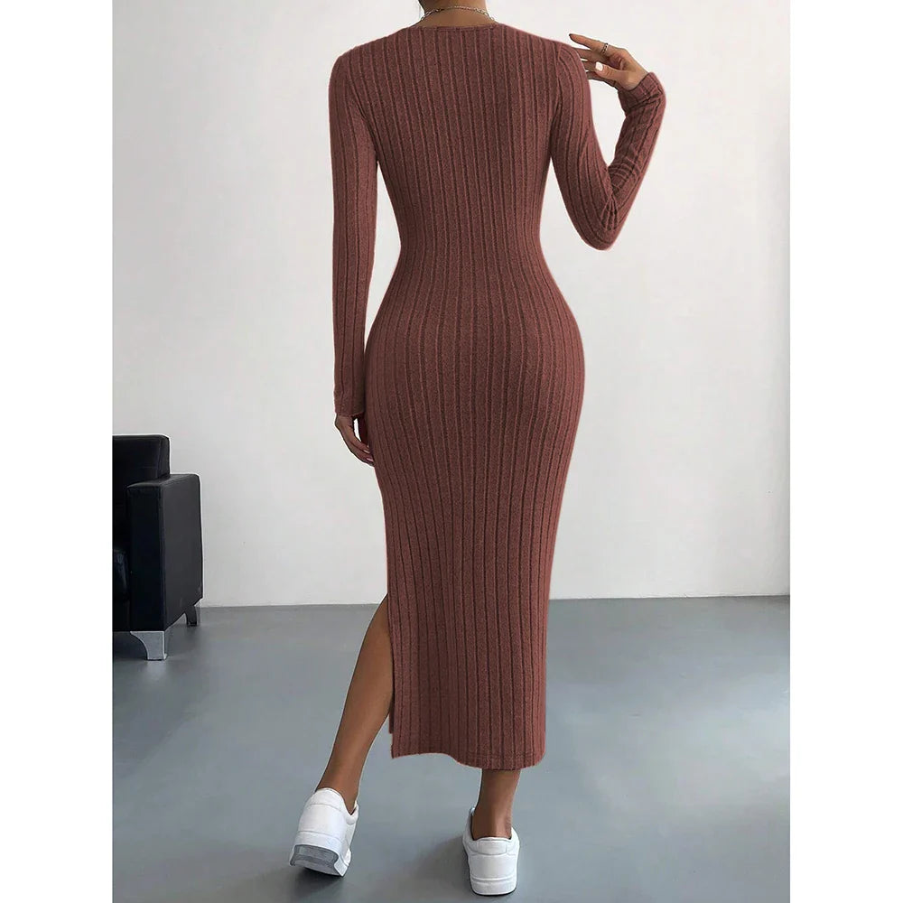 French Scoop Neck Long Sleeve Autumn Maxi Dress