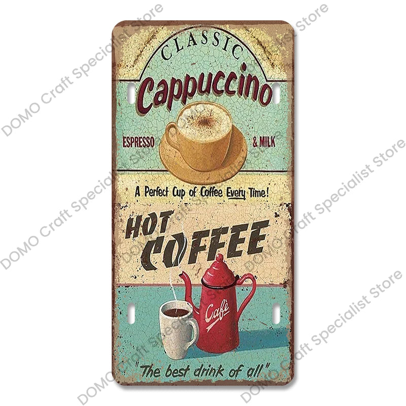 Coffee Licenses Plate Vintage Metal Tin Signs Retro Coffee Time Metal Plaques for Cafe Kitchen Living Room Home Wall Art Decor