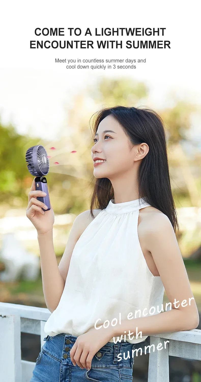 USB Handheld Mini Fan - Foldable, Portable, Neck Hanging, 5-Speed Rechargeable Fan with Phone Stand & Display Screen