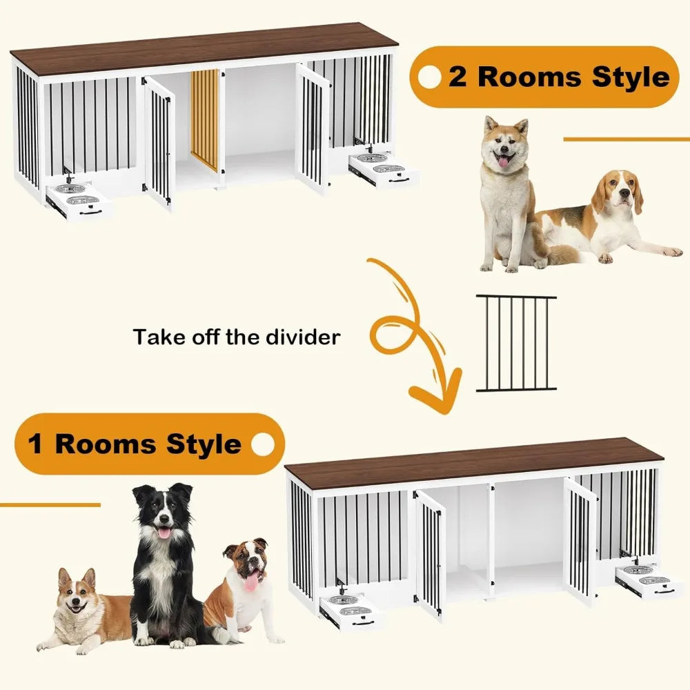 Dog Crate for 2 Dogs, 86.6" Heavy Duty Wooden Dogs Kennel with Bowl Drawers & Divider, Indoor Furniture Style Dog Kennel