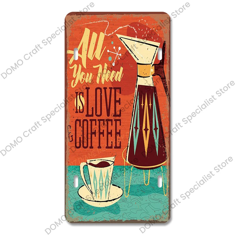 Coffee Licenses Plate Vintage Metal Tin Signs Retro Coffee Time Metal Plaques for Cafe Kitchen Living Room Home Wall Art Decor
