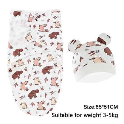 Newborn Cotton Baby Swaddle Wrap Adjustable Sleepsack Hat Set