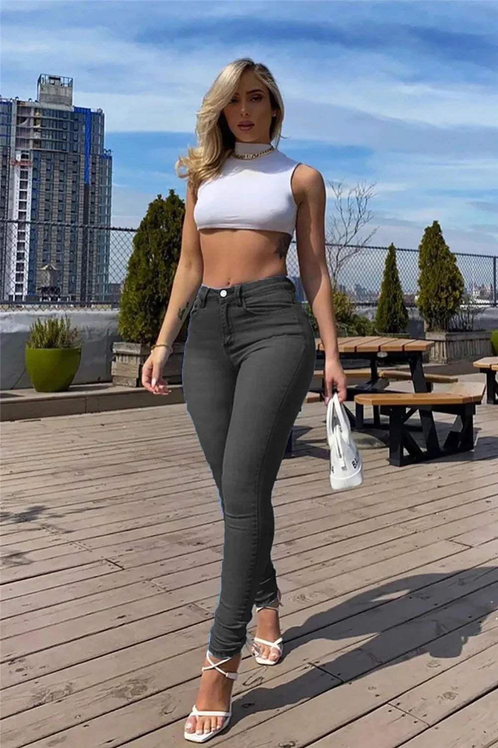Stretch Denim Women's Mid-Waist Skinny Jeans – Retro Washed, Casual & Chic Pencil Pants