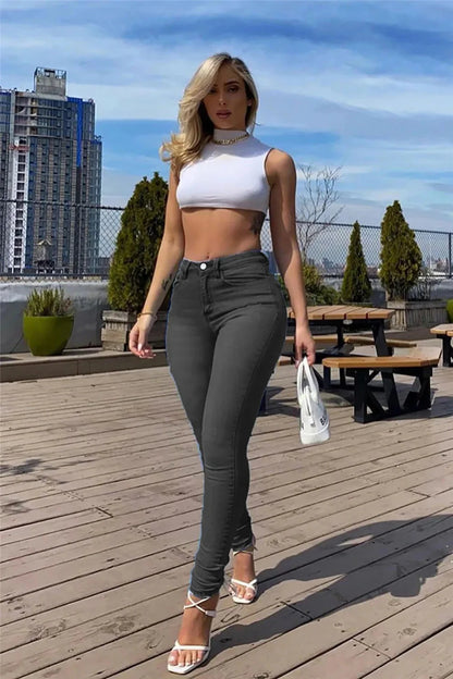 Stretch Denim Women's Mid-Waist Skinny Jeans – Retro Washed, Casual & Chic Pencil Pants