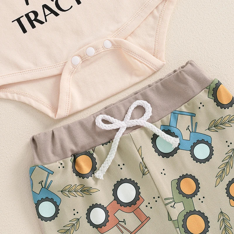 Baby Boy 3 Piece Fall Outfit – Romper, Tractor Pants & Hat (0-18M)