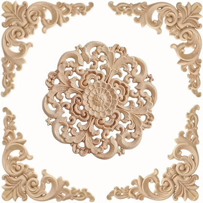 5 Pcs Unpainted Wood Appliques Onlays Bed Door Cabinet Wardrobe Furniture Carved Decoration DIY Color Onlays Decorative