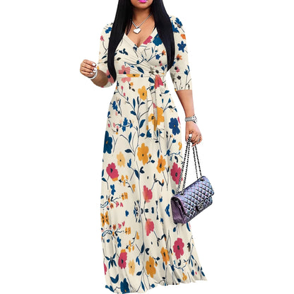 Vintage Floral V-Neck Maxi Dress - Casual Belted Summer Style