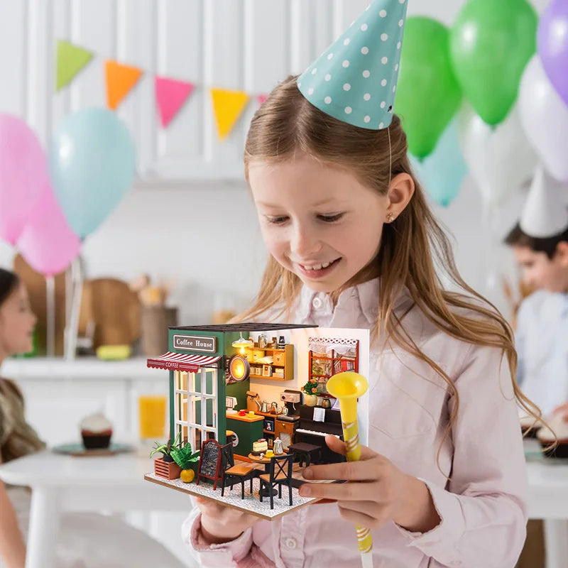 DIY 3D wooden dollhouse building kit with miniature furniture and lights

