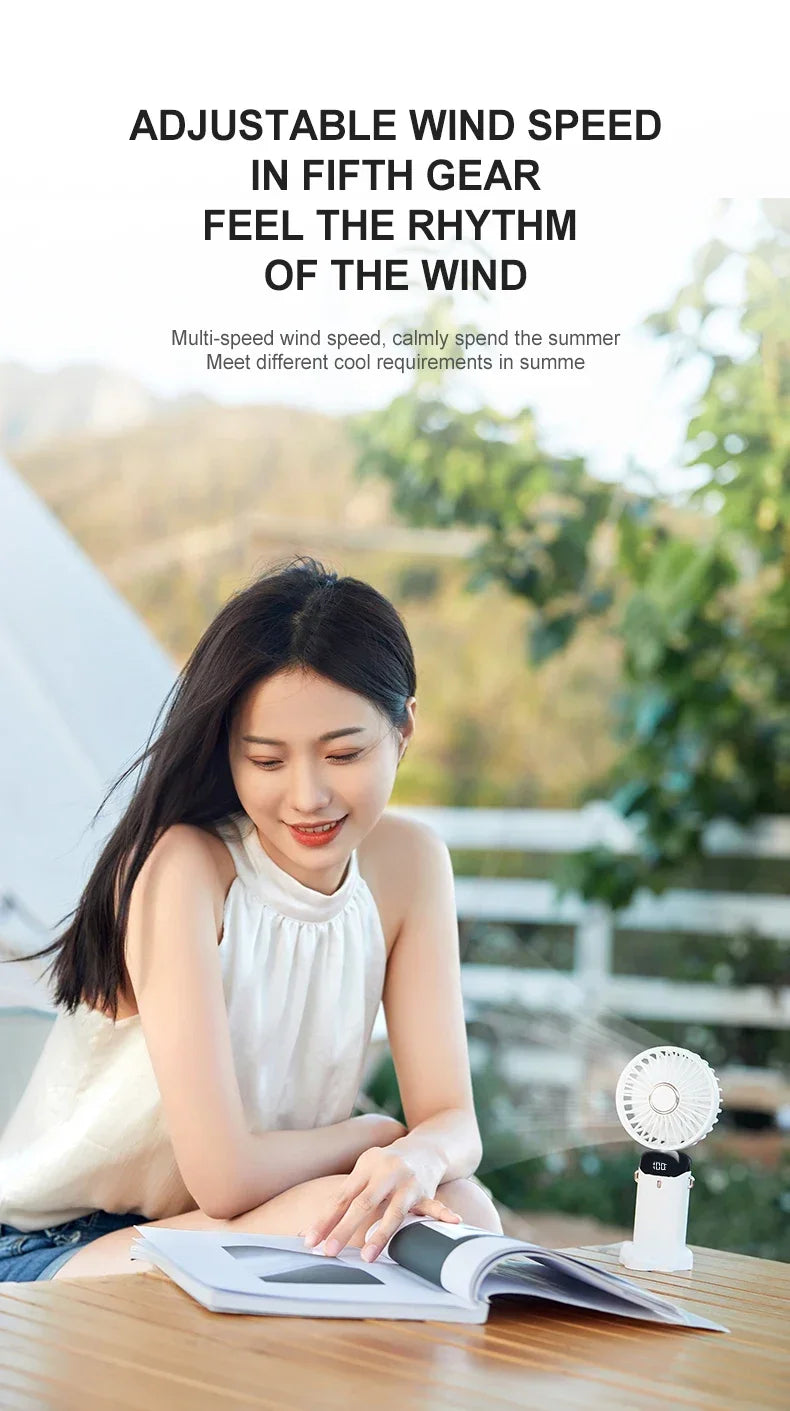 USB Handheld Mini Fan - Foldable, Portable, Neck Hanging, 5-Speed Rechargeable Fan with Phone Stand & Display Screen