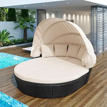GO Outdoor rattan daybed sunbed with Retractable Canopy Wicker Furniture, Round Outdoor Sectional Sofa Set, black Wicker Furniture Clamshell Seating with Washable Cushions, Backyard, Porch, Beige