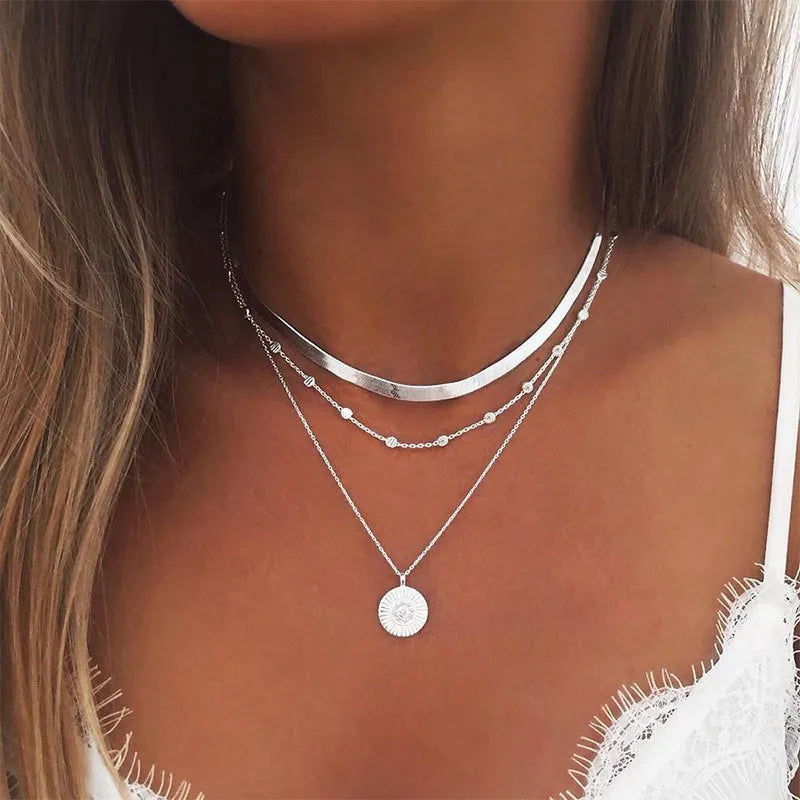 925 Sterling Silver Round Charm Three Layer Necklace