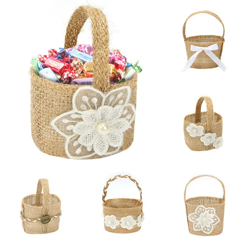 Wedding Lace Burlap Flower Basket Linen Candy Storage Bag Wedding Party Baby Shower Favour Gift Bag