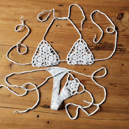 Women Sexy Handmade Bikini Sets Crochet Flower Solid Color Lace Thong String Swimwear Sunbathing Swimsuit Beach Wear Lace-up