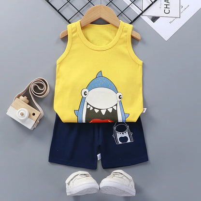 NoEnName_Null Unisex Baby Cartoon Print Pullover Shorts Set for Toddlers (Ages 1-3Y)