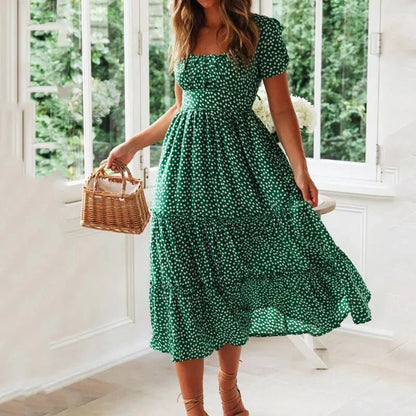 Vintage Print Puff Sleeve Maxi Dress - Summer Floral Casual Dress