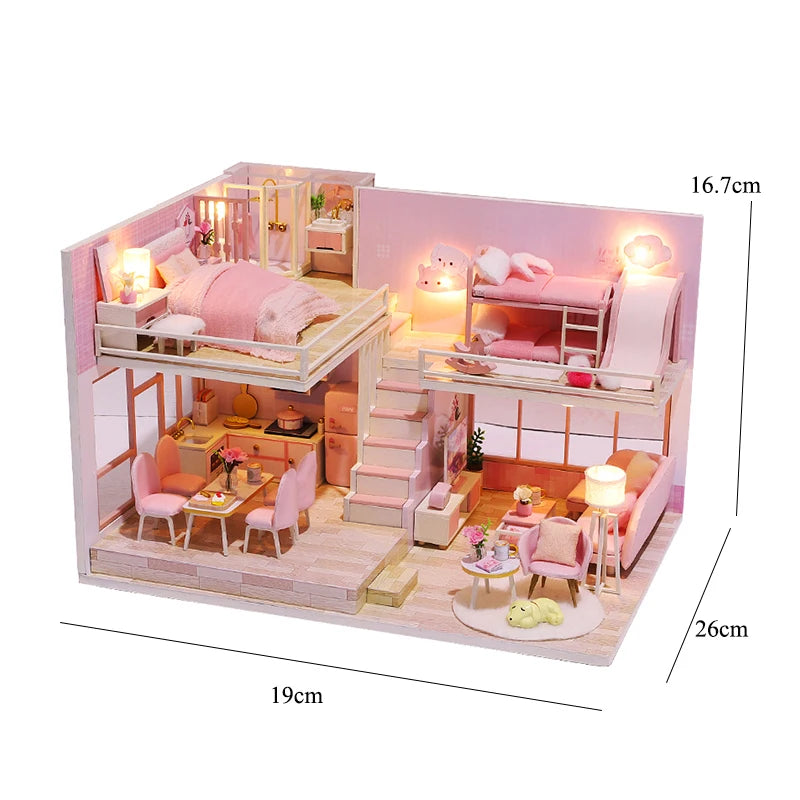 Wooden Miniature Doll House DIY Duplex Apartment Production 3D Puzzle Assembly Building Toy Decoration with Furniture Dollhouse
