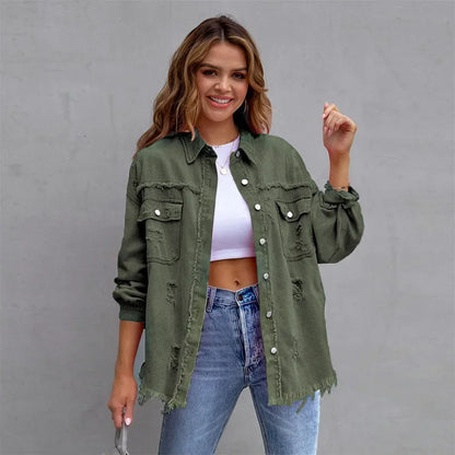 Women’s Fashion Ripped Shirt Jacket for Autumn and Spring Casual Tops